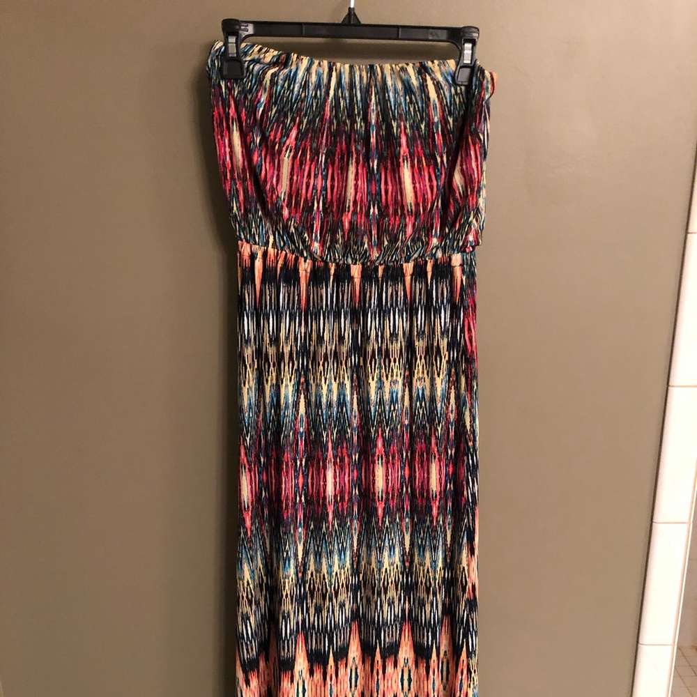 strapless, colorful maxi dress